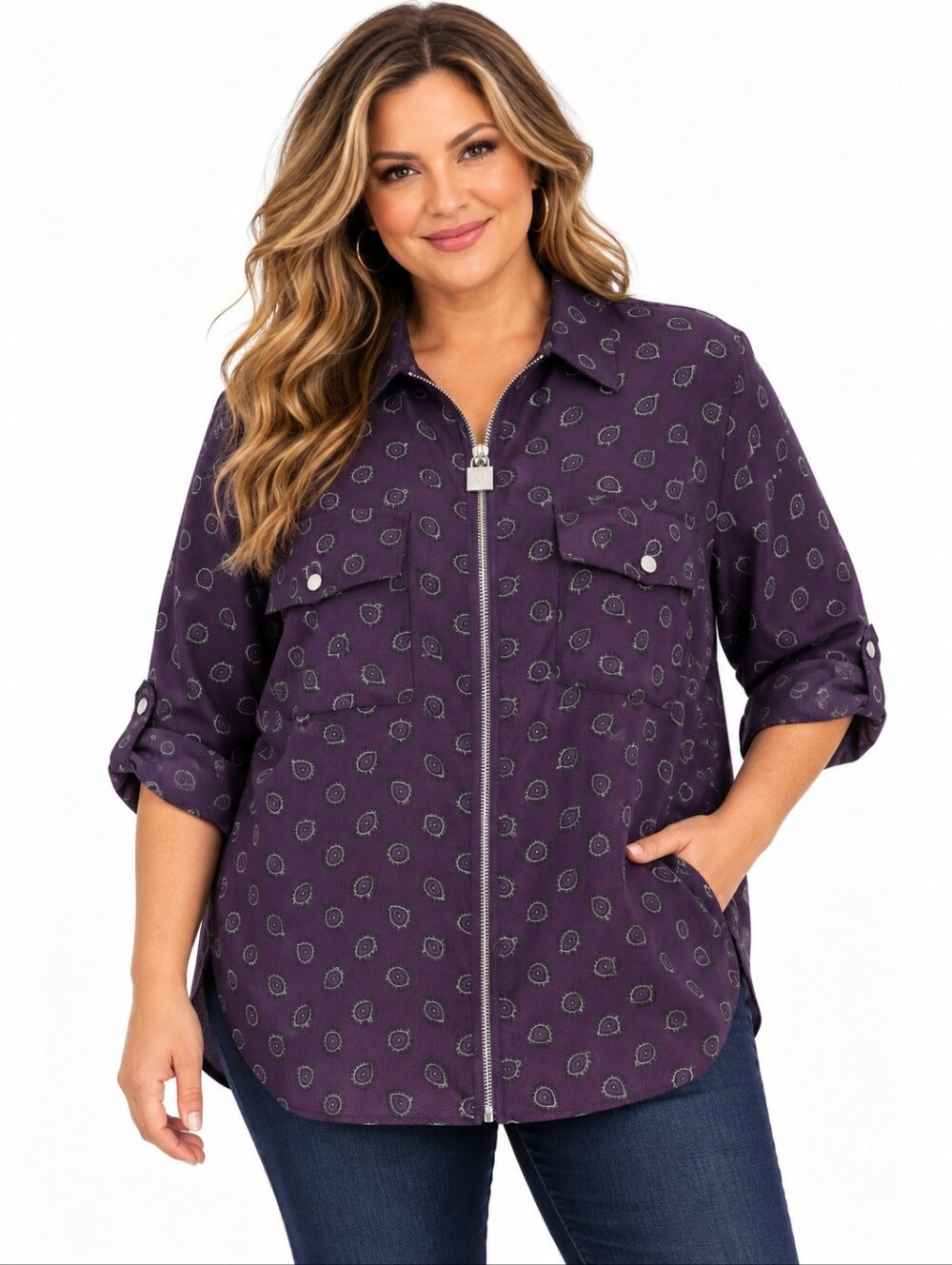 Michael Kors 1X Purple Paisley Zip Shirt Jacket Roll Tab Sleeves Utility